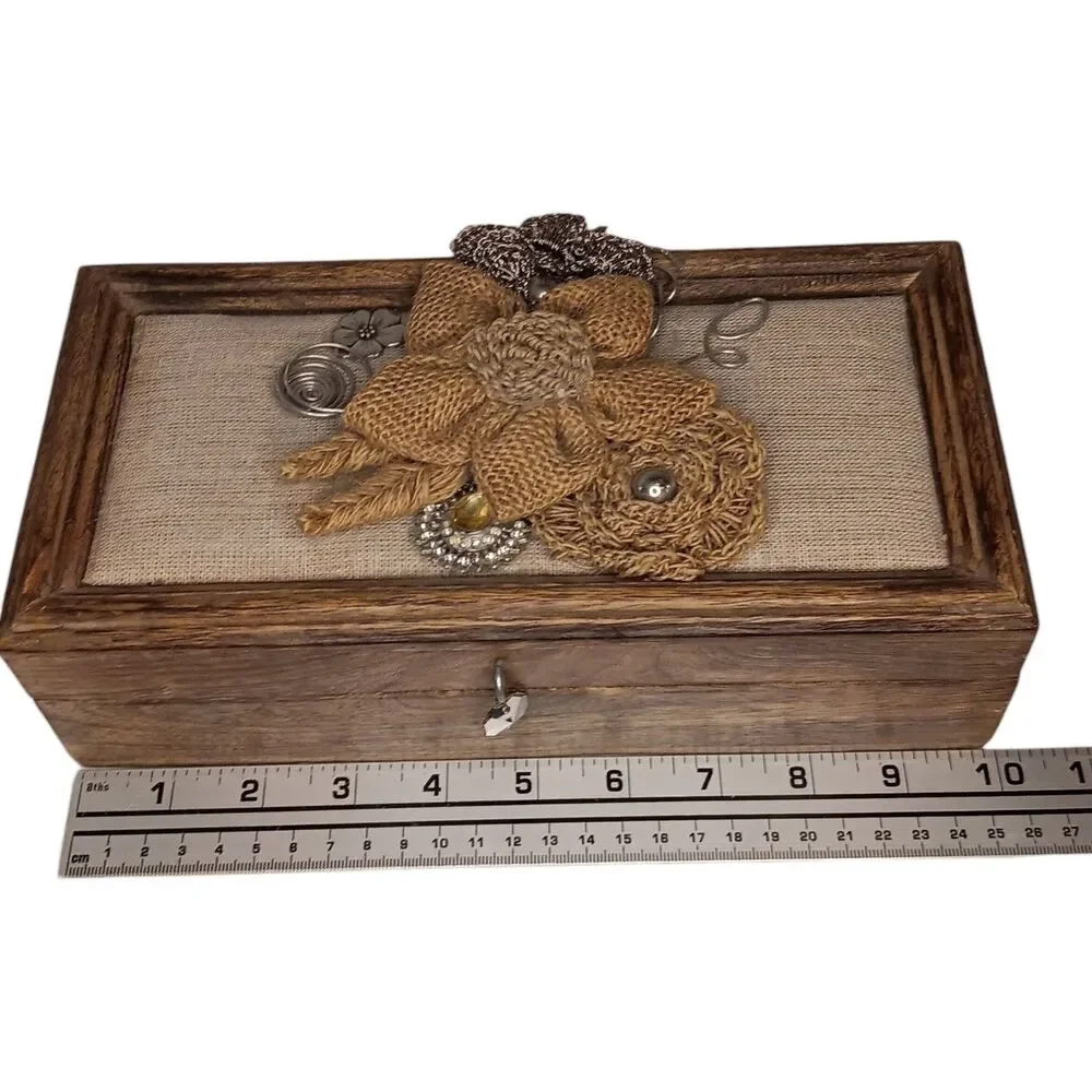 Jewelry Box Brown Wooden Trinket Box With Burlap And Silver Metal Flowers 10x5x3